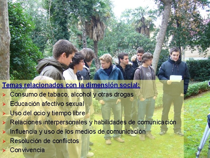 Temas relacionados con la dimensión social: Ø Consumo de tabaco, alcohol y otras drogas