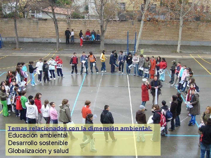 Temas relacionados con la dimensión ambiental: Educación ambiental Desarrollo sostenible Globalización y salud 