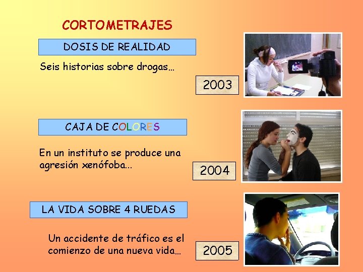 CORTOMETRAJES DOSIS DE REALIDAD Seis historias sobre drogas… 2003 CAJA DE COLORES En un