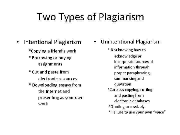 Two Types of Plagiarism • Intentional Plagiarism *Copying a friend’s work * Borrowing or