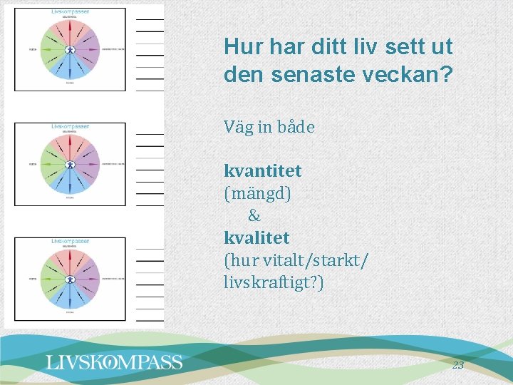 Hur har ditt liv sett ut den senaste veckan? Väg in både kvantitet (mängd) Hur har ditt liv sett ut den senaste veckan? Väg in både kvantitet (mängd)