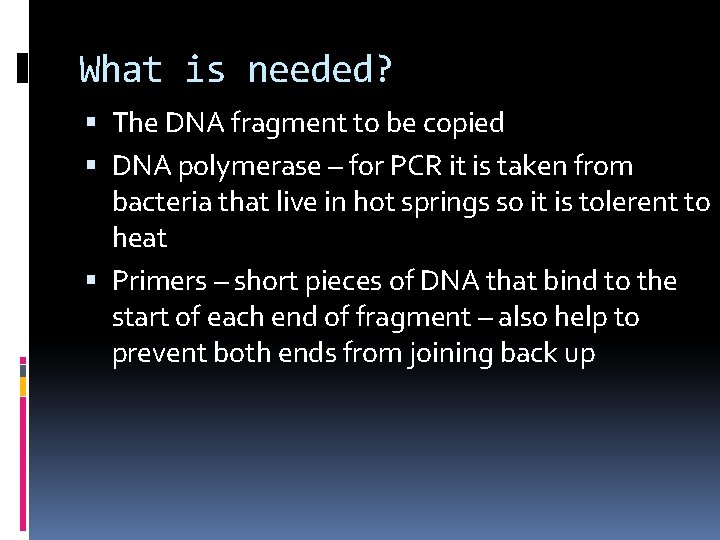 What is needed? The DNA fragment to be copied DNA polymerase – for PCR