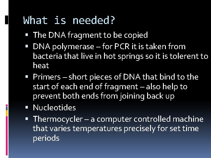 What is needed? The DNA fragment to be copied DNA polymerase – for PCR