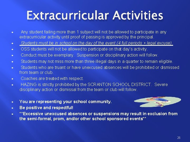 Extracurricular Activities ª ª ª Any student failing more than 1 subject will not