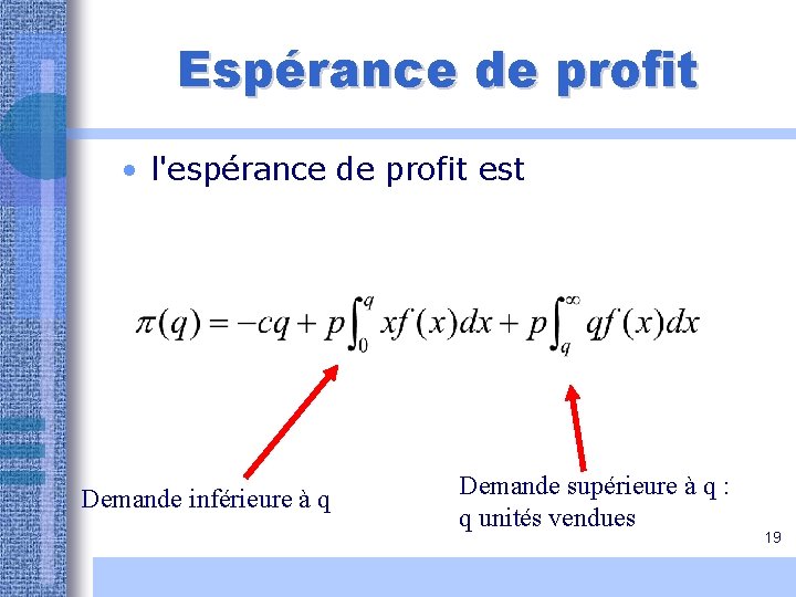 Espérance de profit • l'espérance de profit est Demande inférieure à q Demande supérieure Espérance de profit • l'espérance de profit est Demande inférieure à q Demande supérieure