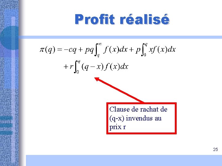Profit réalisé Clause de rachat de (q-x) invendus au prix r 25 Profit réalisé Clause de rachat de (q-x) invendus au prix r 25