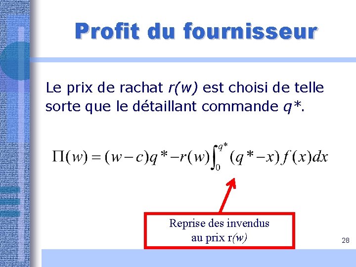 Profit du fournisseur Le prix de rachat r(w) est choisi de telle sorte que Profit du fournisseur Le prix de rachat r(w) est choisi de telle sorte que