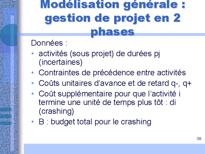 Modélisation générale : gestion de projet en 2 phases Données : • activités (sous Modélisation générale : gestion de projet en 2 phases Données : • activités (sous