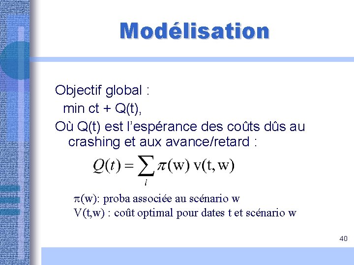 Modélisation Objectif global : min ct + Q(t), Où Q(t) est l’espérance des coûts Modélisation Objectif global : min ct + Q(t), Où Q(t) est l’espérance des coûts