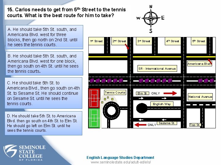15. Carlos needs to get from 5 th Street to the tennis courts. What