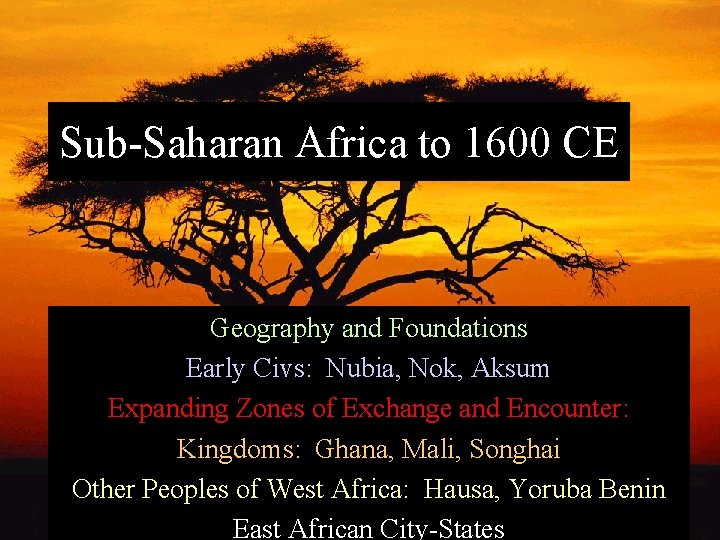 Sub-Saharan Africa to 1600 CE Geography and Foundations Early Civs: Nubia, Nok, Aksum Expanding