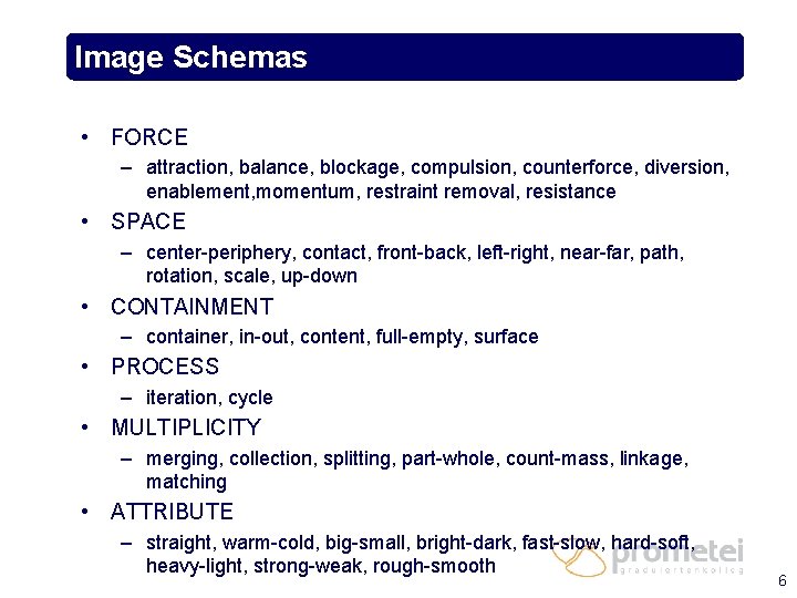 Image Schemas • FORCE – attraction, balance, blockage, compulsion, counterforce, diversion, enablement, momentum, restraint