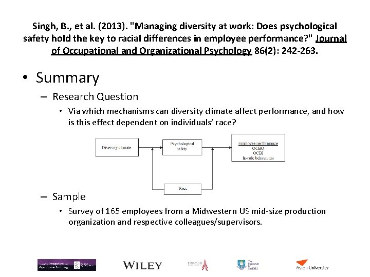 Singh, B. , et al. (2013). "Managing diversity at work: Does psychological safety hold Singh, B. , et al. (2013). "Managing diversity at work: Does psychological safety hold