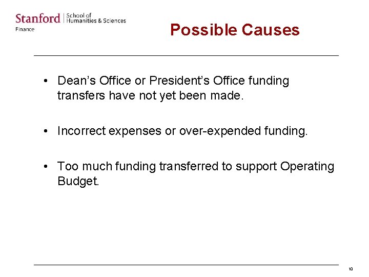 Possible Causes • Dean’s Office or President’s Office funding transfers have not yet been