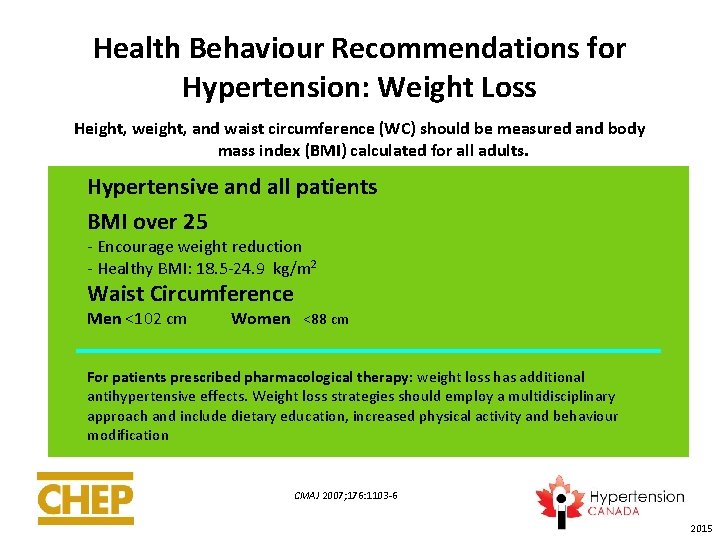 Health Behaviour Recommendations for Hypertension: Weight Loss Height, weight, and waist circumference (WC) should