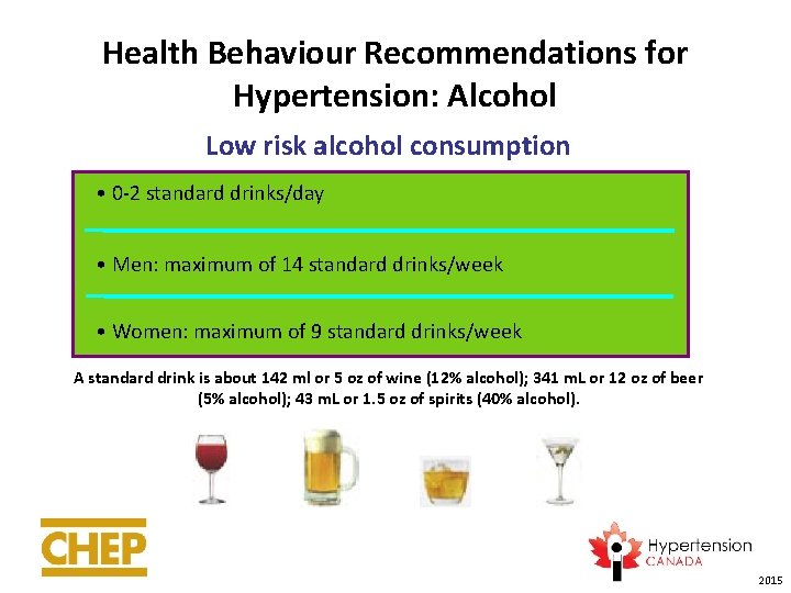 Health Behaviour Recommendations for Hypertension: Alcohol Low risk alcohol consumption • 0 -2 standard