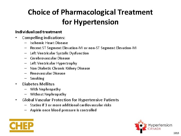 Choice of Pharmacological Treatment for Hypertension Individualized treatment • Compelling indications: – – –