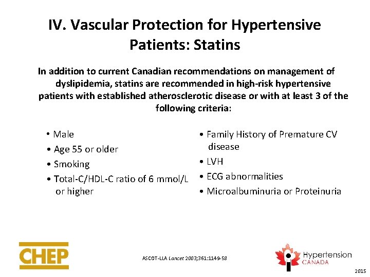 IV. Vascular Protection for Hypertensive Patients: Statins In addition to current Canadian recommendations on