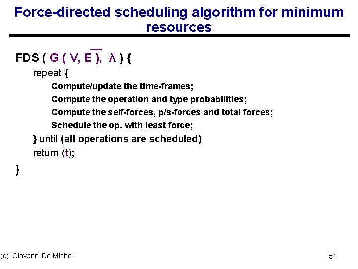 Force-directed scheduling algorithm for minimum resources FDS ( G ( V, E ), λ