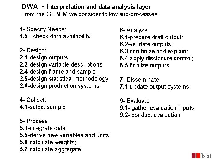 DWA - Interpretation and data analysis layer From the GSBPM we consider follow sub-processes