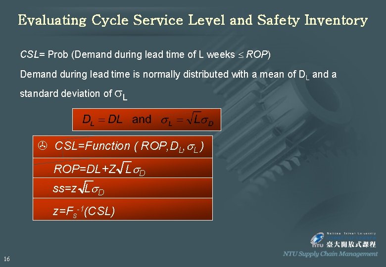 Evaluating Cycle Service Level and Safety Inventory CSL= Prob (Demand during lead time of