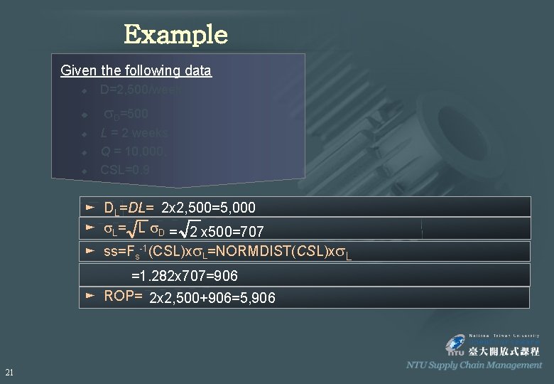 Example Given the following data u u u D=2, 500/week s. D=500 L = Example Given the following data u u u D=2, 500/week s. D=500 L =