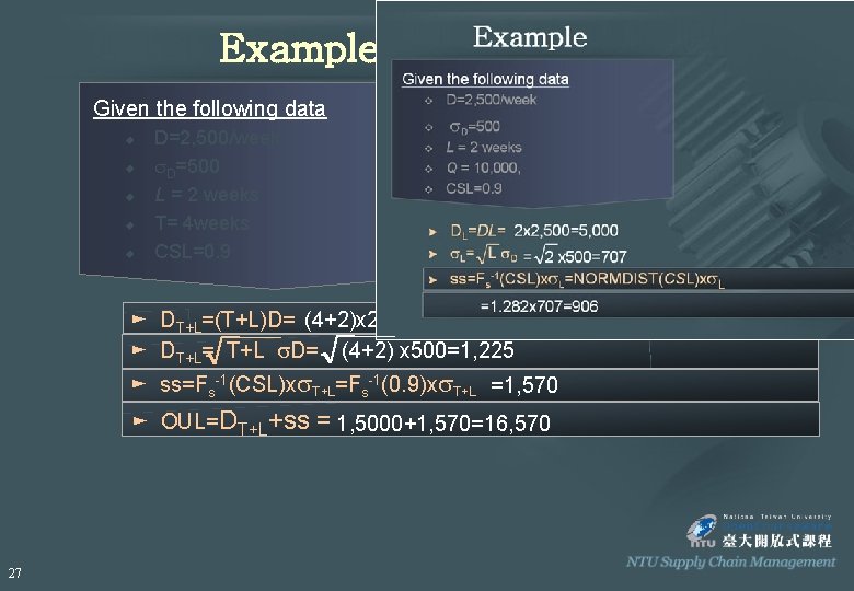 Example Given the following data u u u D=2, 500/week s. D=500 L = Example Given the following data u u u D=2, 500/week s. D=500 L =