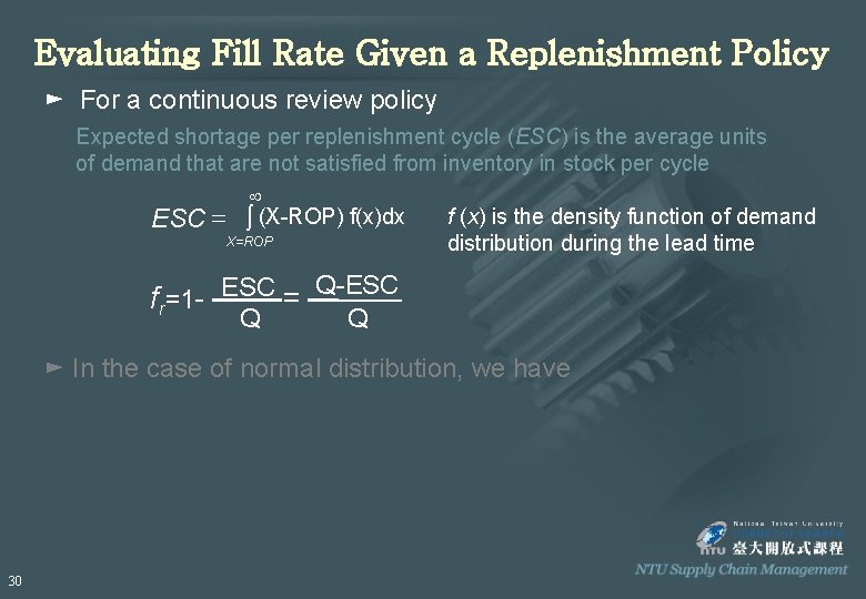 Evaluating Fill Rate Given a Replenishment Policy ► For a continuous review policy Expected Evaluating Fill Rate Given a Replenishment Policy ► For a continuous review policy Expected