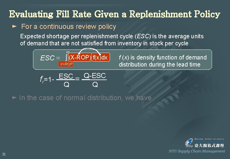 Evaluating Fill Rate Given a Replenishment Policy ► For a continuous review policy Expected Evaluating Fill Rate Given a Replenishment Policy ► For a continuous review policy Expected