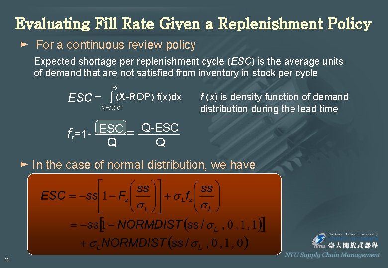 Evaluating Fill Rate Given a Replenishment Policy ► For a continuous review policy Expected Evaluating Fill Rate Given a Replenishment Policy ► For a continuous review policy Expected