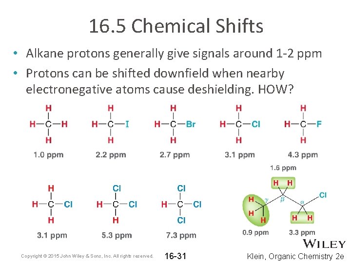 16. 5 Chemical Shifts • Alkane protons generally give signals around 1 -2 ppm