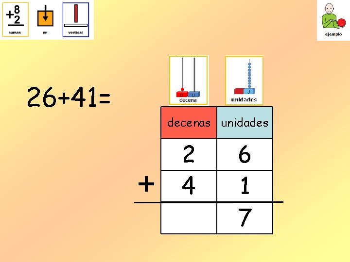 26+41= decenas unidades + 2 4 6 1 7 26+41= decenas unidades + 2 4 6 1 7