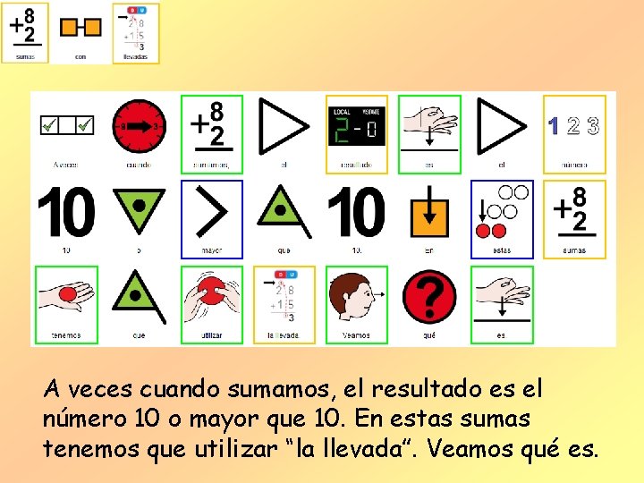 A veces cuando sumamos, el resultado es el número 10 o mayor que 10. A veces cuando sumamos, el resultado es el número 10 o mayor que 10.