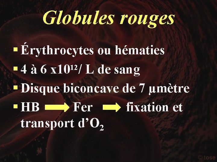 Globules rouges § Érythrocytes ou hématies § 4 à 6 x 1012/ L de