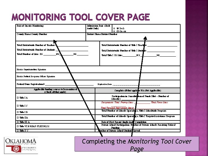 MONITORING TOOL COVER PAGE Date of On-site Monitoring Submission Date (Desk Audit Only) ⧠