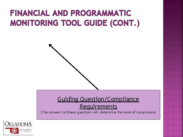 FINANCIAL AND PROGRAMMATIC MONITORING TOOL GUIDE (CONT. ) Guiding Question/Compliance Requirements (The answers to