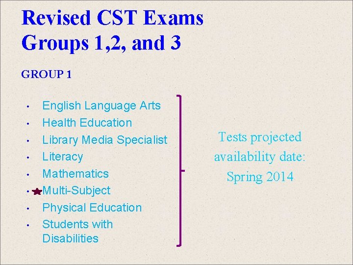 Revised CST Exams Groups 1, 2, and 3 GROUP 1 • • English Language