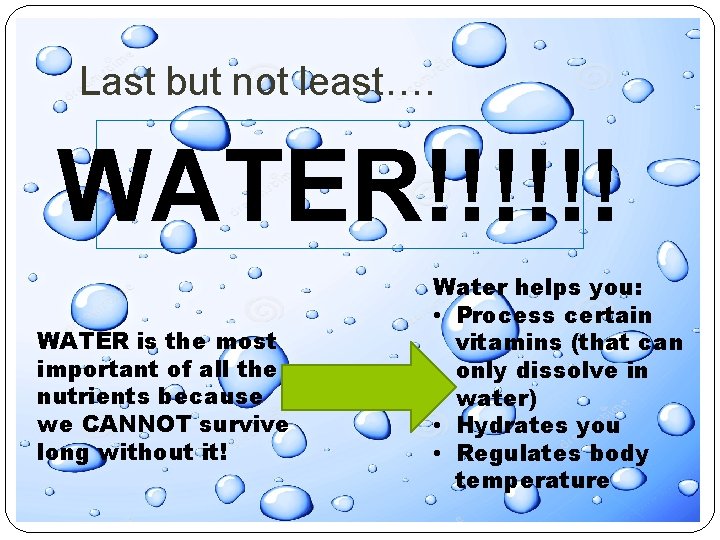 Last but not least…. WATER!!!!!! WATER is the most important of all the nutrients