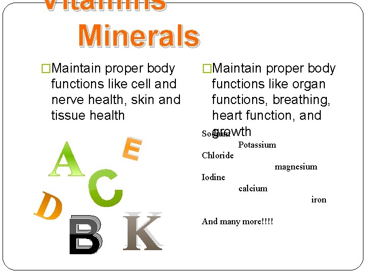 Vitamins Minerals �Maintain proper body functions like cell and nerve health, skin and tissue