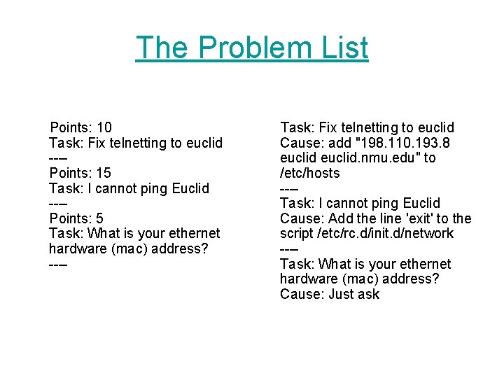 The Problem List Points: 10 Task: Fix telnetting to euclid ---Points: 15 Task: I