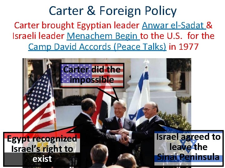 Carter & Foreign Policy Carter brought Egyptian leader Anwar el-Sadat & Israeli leader Menachem