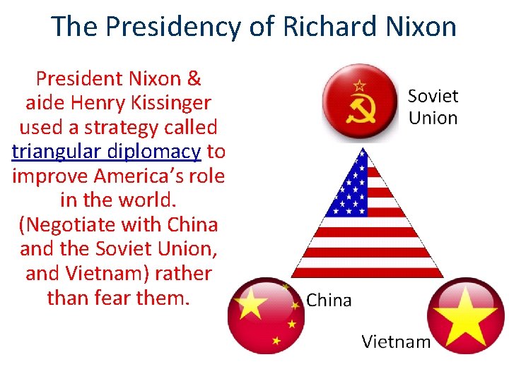 The Presidency of Richard Nixon President Nixon & aide Henry Kissinger used a strategy