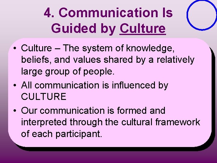 4. Communication Is Guided by Culture • Culture – The system of knowledge, beliefs,