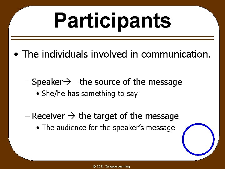 Participants • The individuals involved in communication. – Speaker the source of the message