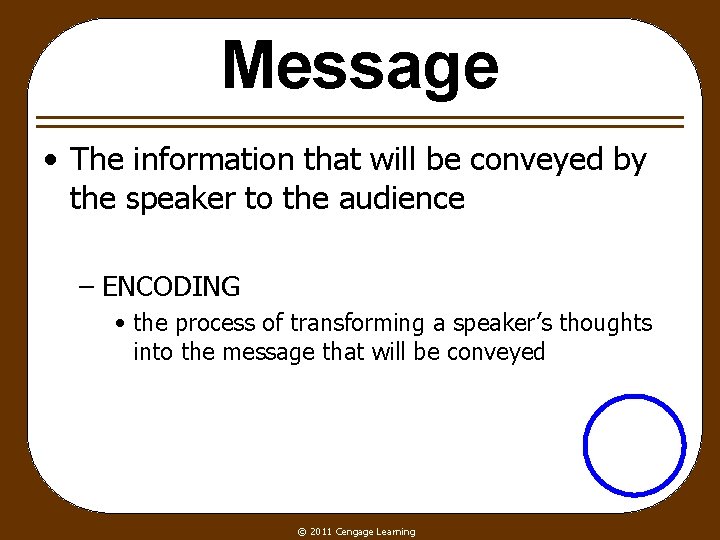 Message • The information that will be conveyed by the speaker to the audience