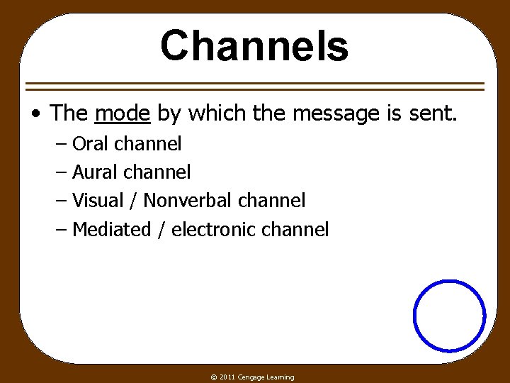 Channels • The mode by which the message is sent. – Oral channel –