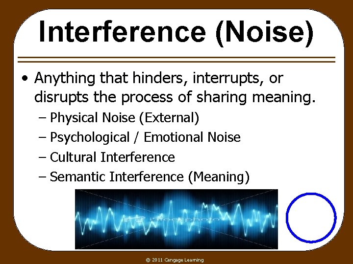 Interference (Noise) • Anything that hinders, interrupts, or disrupts the process of sharing meaning.