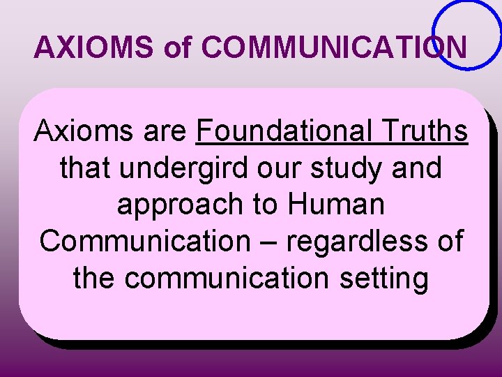 AXIOMS of COMMUNICATION Axioms are Foundational Truths that undergird our study and approach to