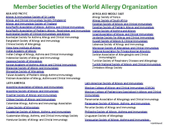 Member Societies of the World Allergy Organization ASIA AND PACIFIC Allergy & Immunology Society