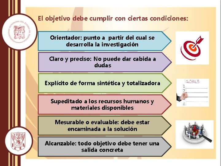 El objetivo debe cumplir con ciertas condiciones: Orientador: punto a partir del cual se